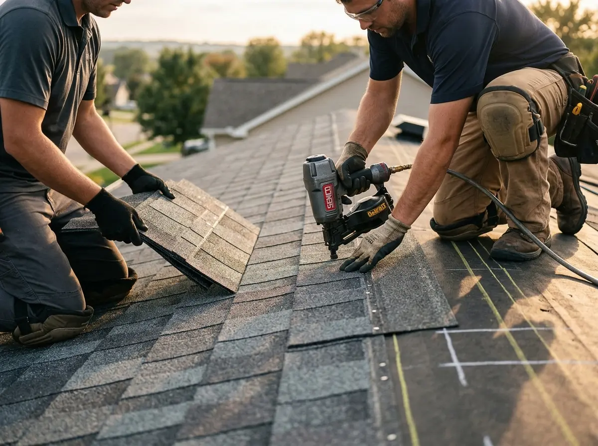 Professional roofer working on a residential roof in North Strabane